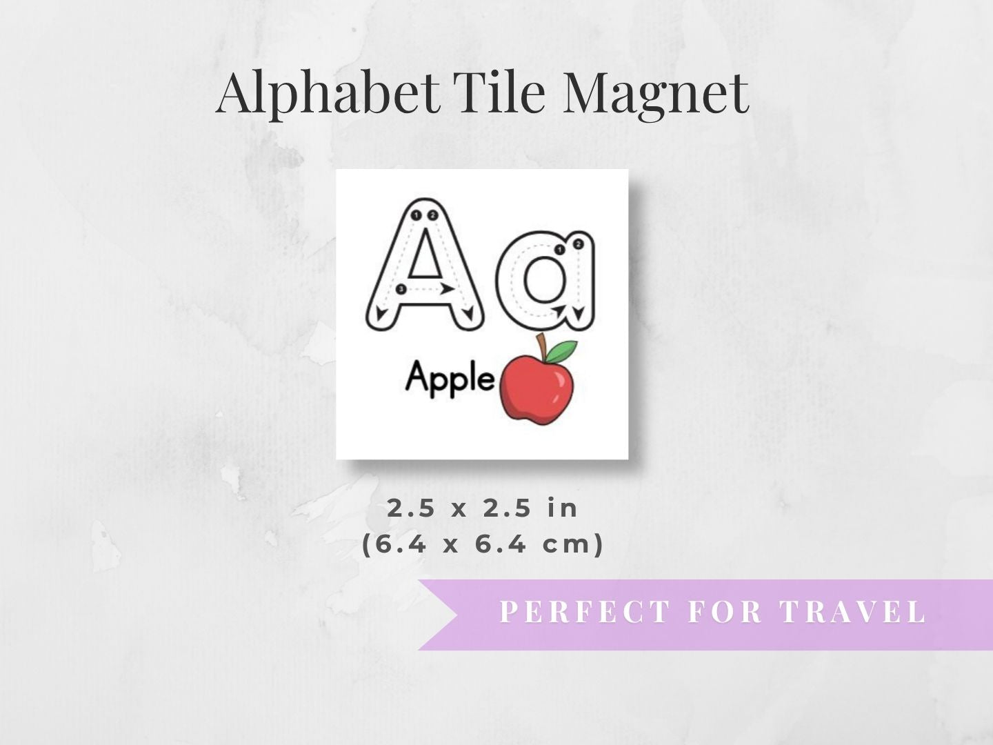 Alphabet tile magnet featuring the uppercase letter A and lowercase letter a, with a black outline and dotted tracing style, above the word 'Apple' and a red apple illustration. The magnet is shown on a light marble-textured background with text reading 'Alphabet Tile Magnet,' dimensions '2.