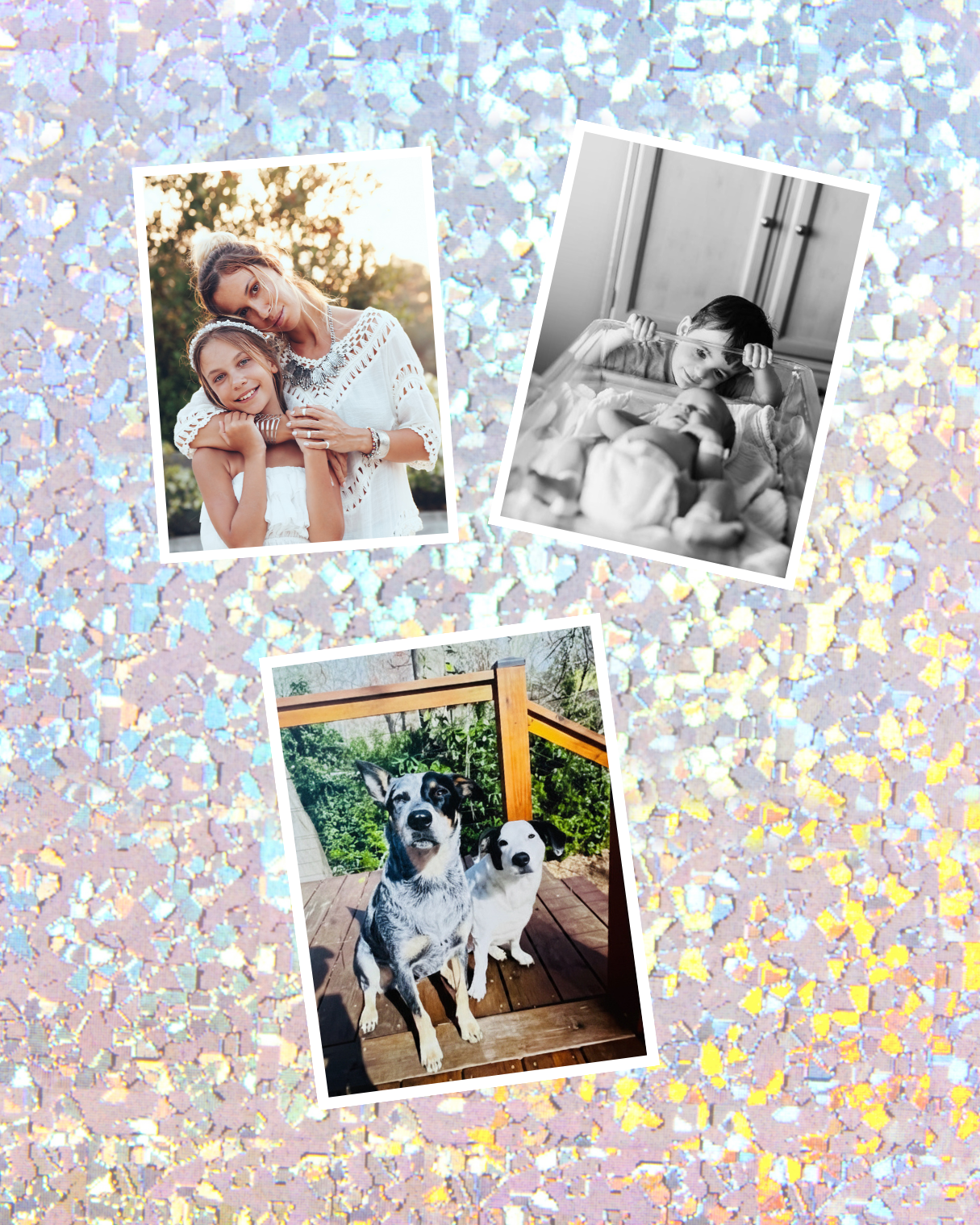 Collage of four medium sized photo magnets on a glittery pink background
