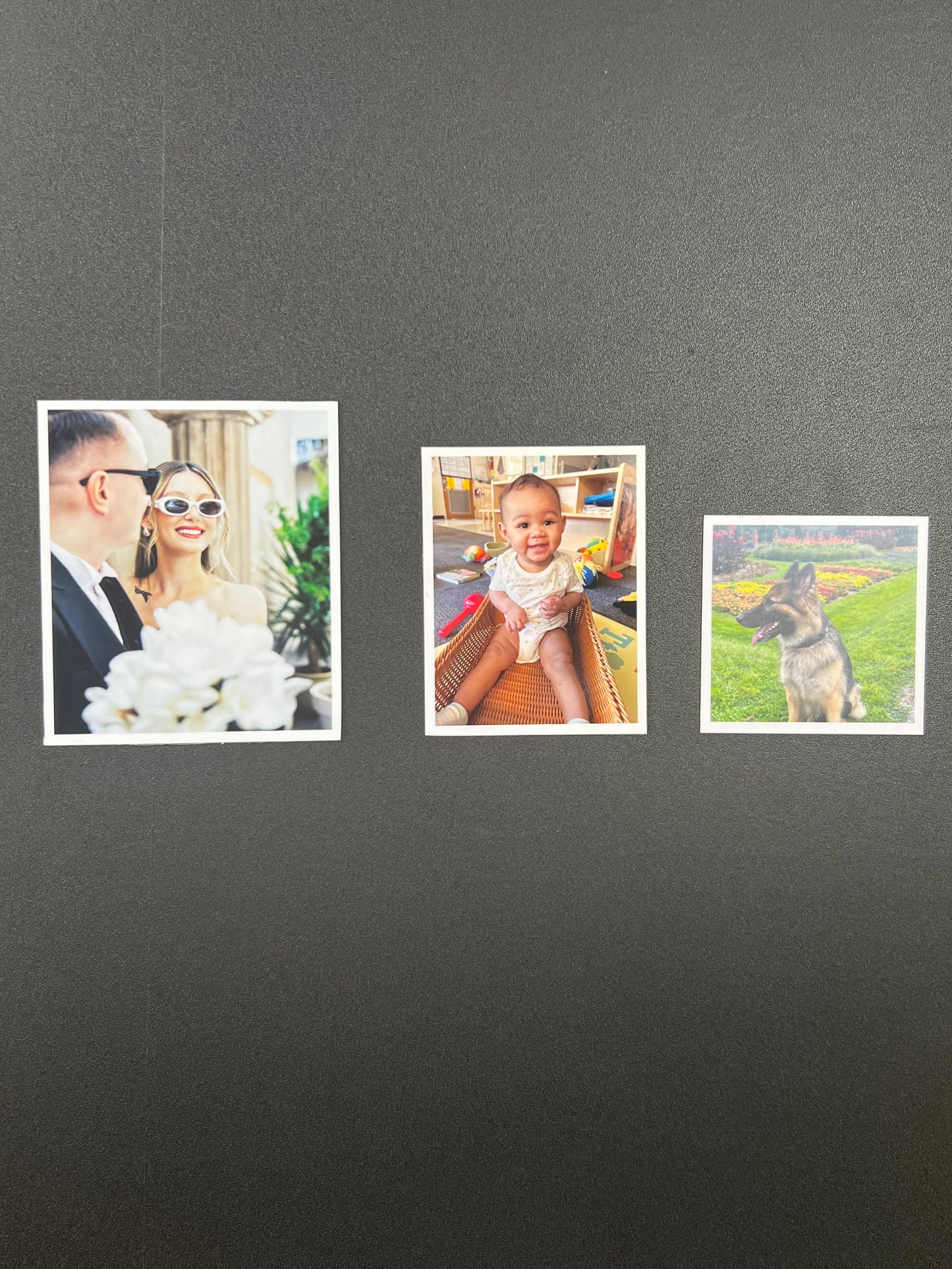 Three framed photos on a gray wall: a couple, a child with a dog, and a scenic landscape.
