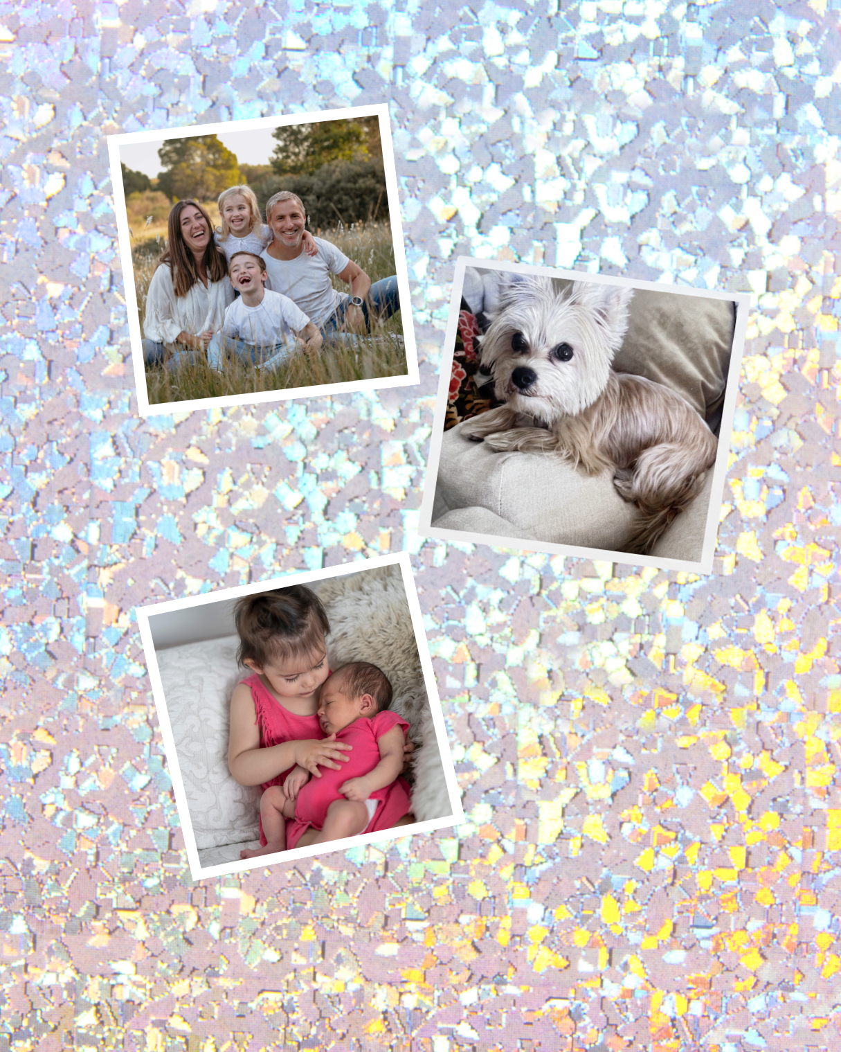 Collage of the small size family photo magnets with white border on a glittery background