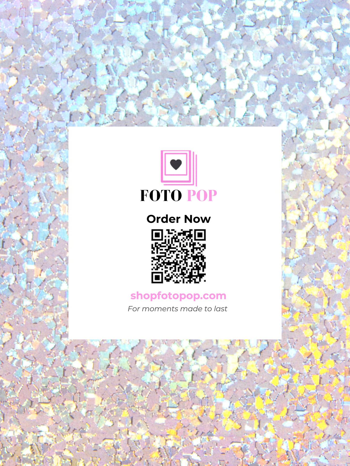 Promotional card for FOTO POP with a QR code and website URL on a glittery background