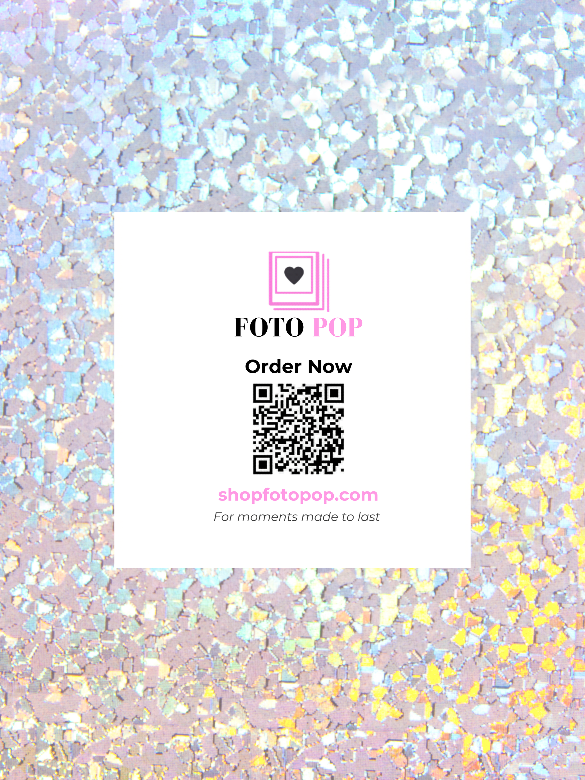 Promotional card for FOTO POP with a QR code and website URL on a glittery background