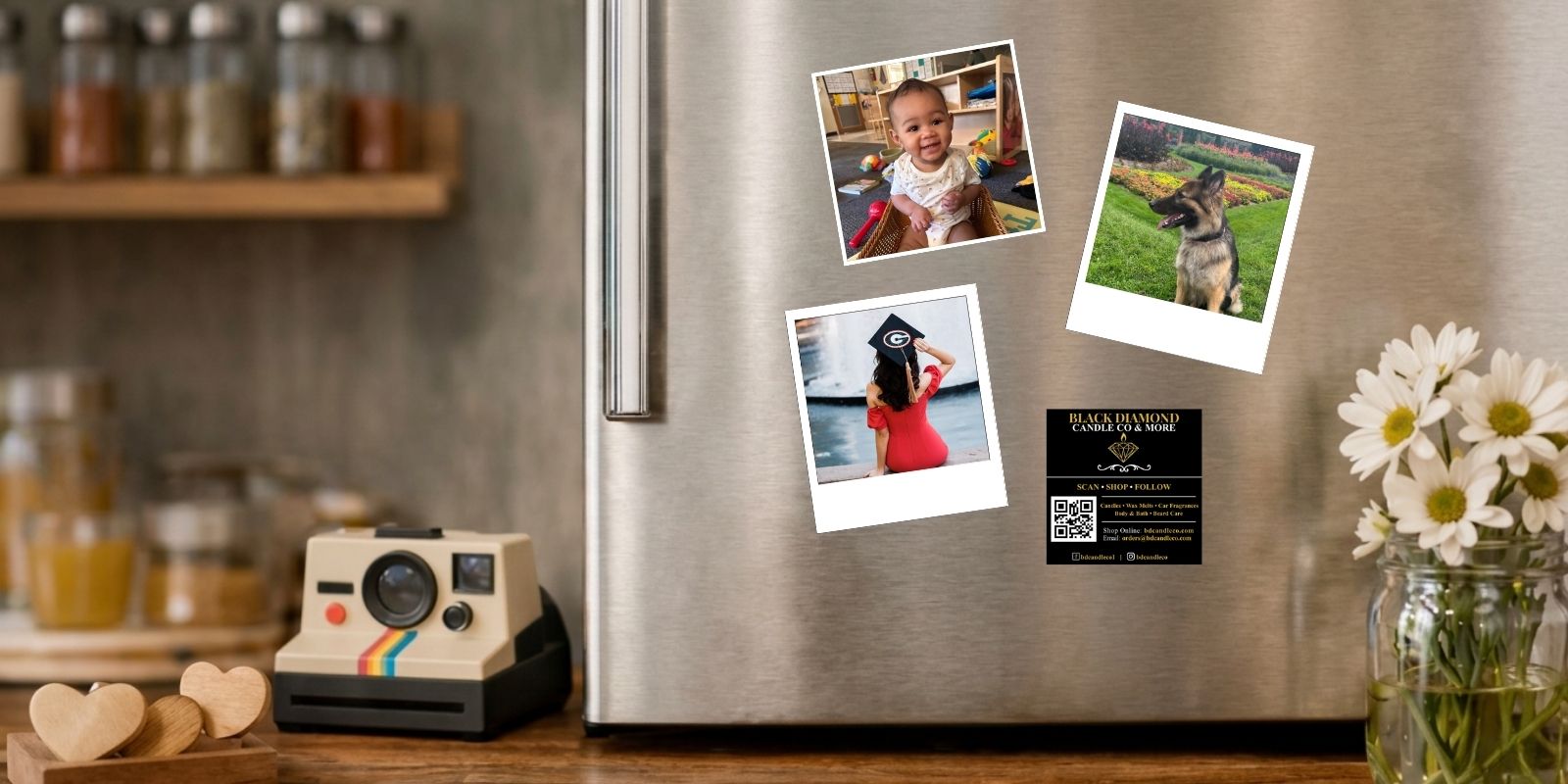 Custom photo magnets featuring children's art and business logos displayed on a refrigerator in Athens, Georgia.