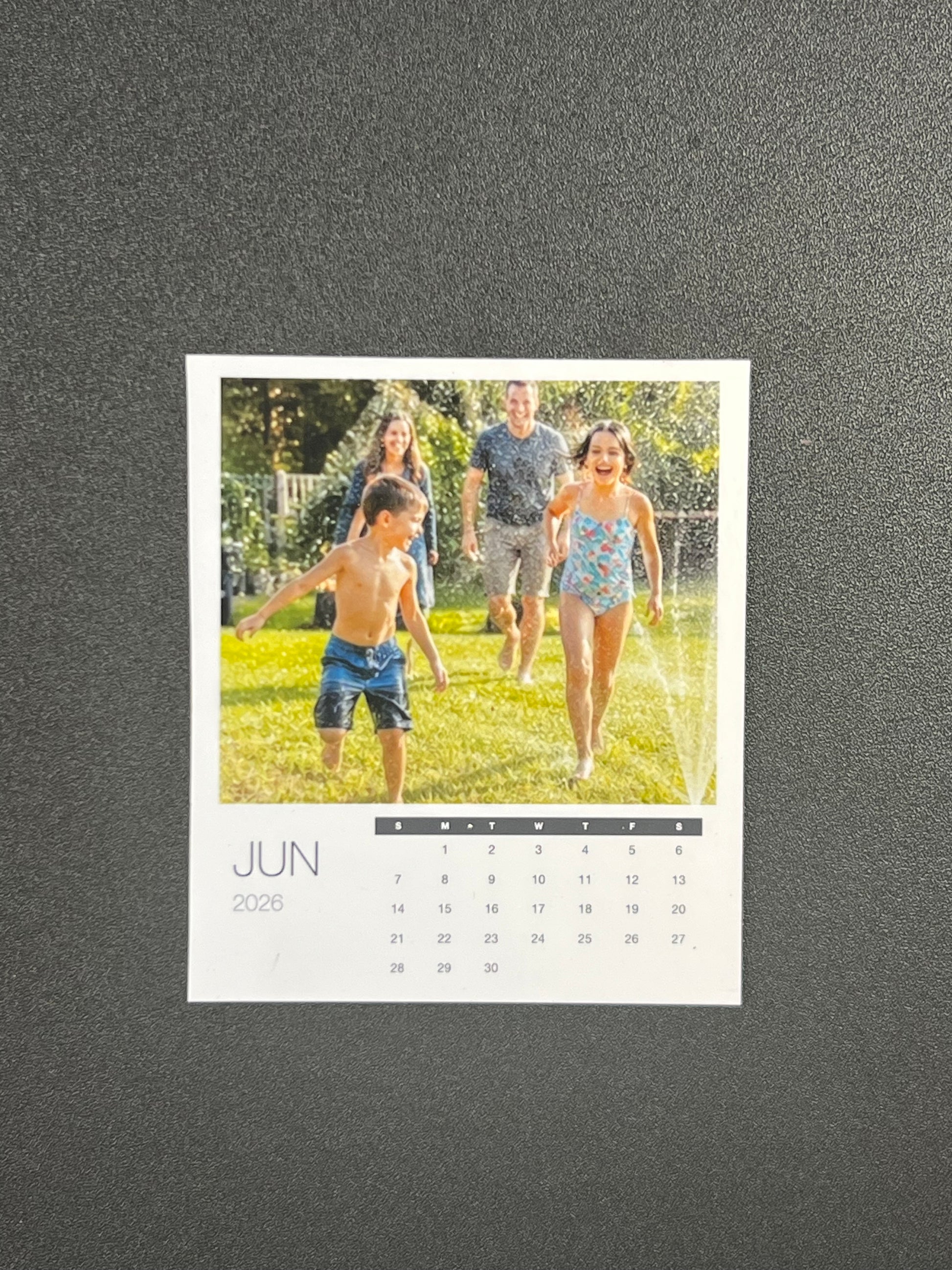 Calendar with a photo of a family playing in a park on a gray background