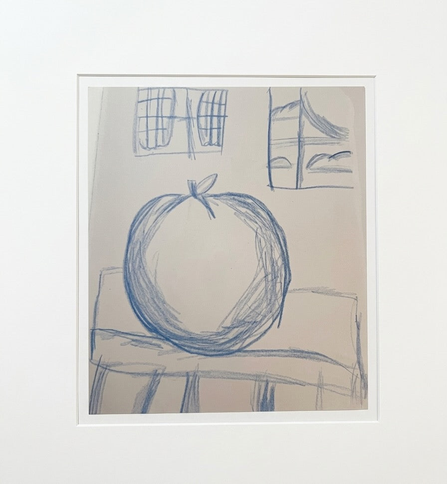 Large size photo magnet of drawing of a blue apple on beige paper