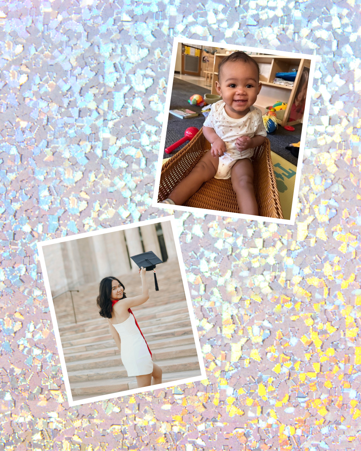 Two large sized photo magnets:  a woman and a baby on a glittery background