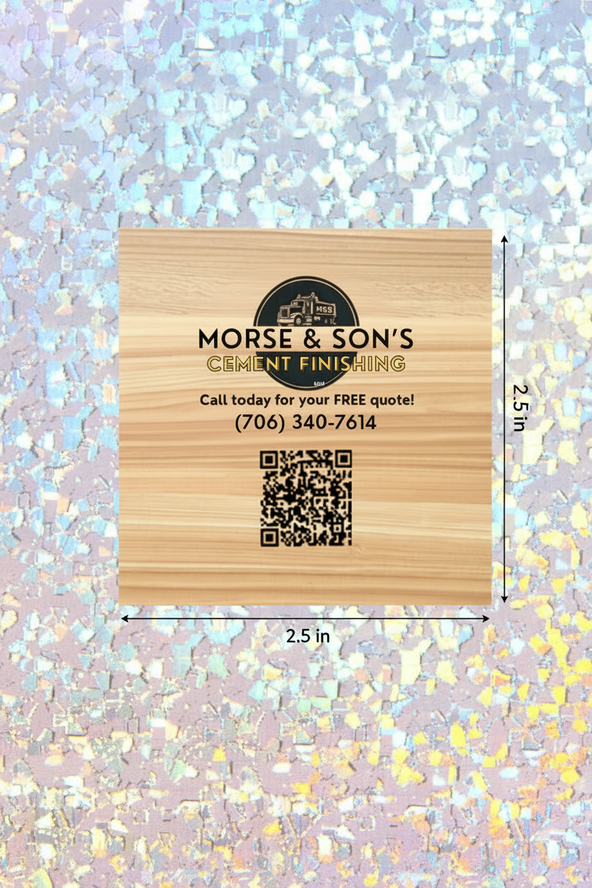 Wooden background with Morse & Son's Cement Finishing logo and contact information on a glittery background