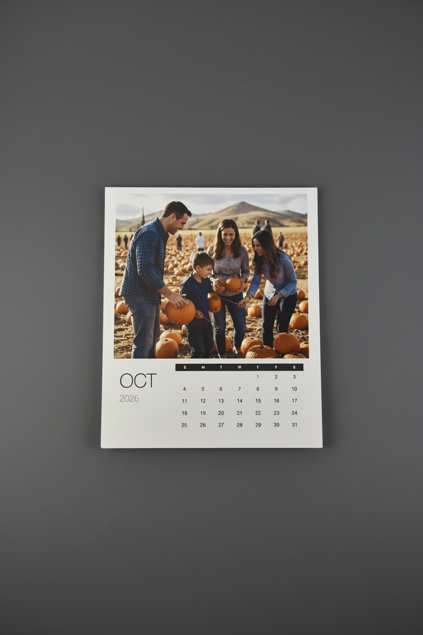 Calendar with a family at a pumpkin patch on a dark gray background
