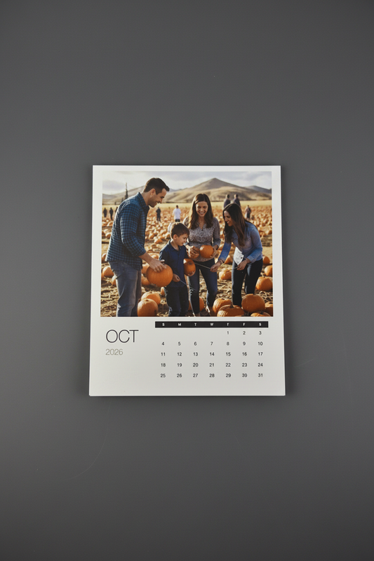 Calendar with a family at a pumpkin patch on a dark gray background