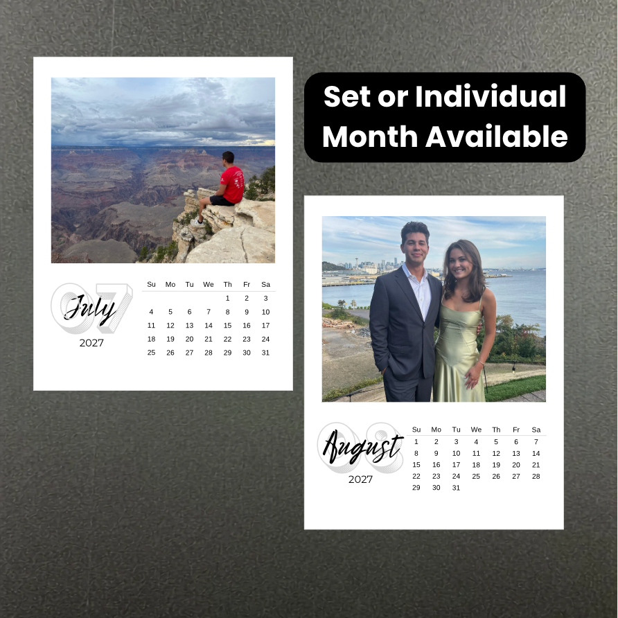 Two calendar pages showing July and August 2027 with scenic and portrait images on a dark background.