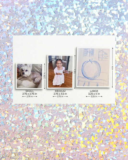 Three photo magnets with white border along with size and photo dimensions on a glittery background