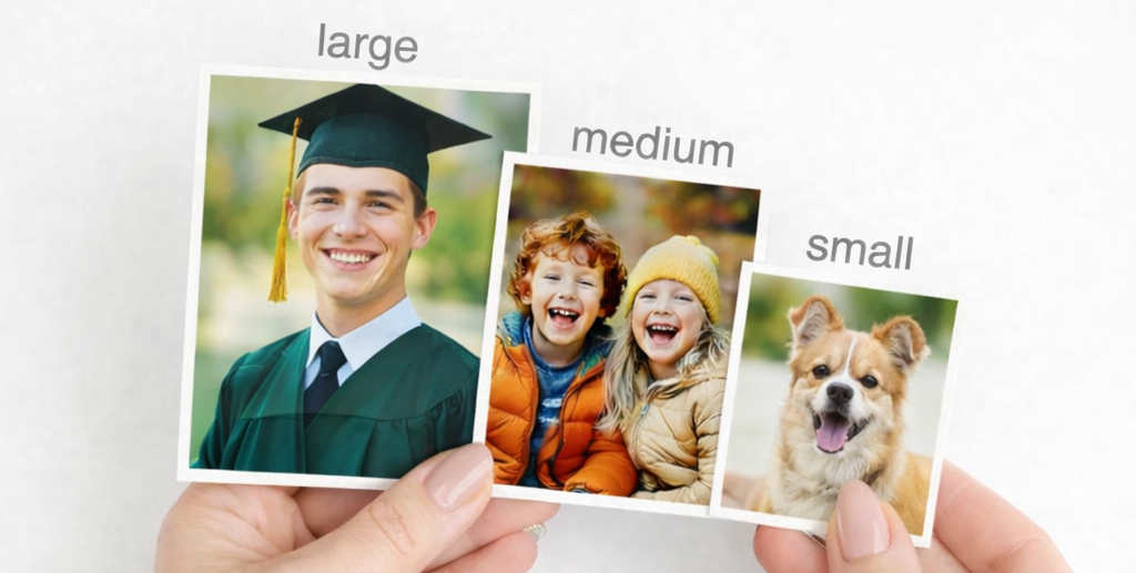 Three photo magnets labeled 'large', 'medium', and 'small' held by hands against a white background.