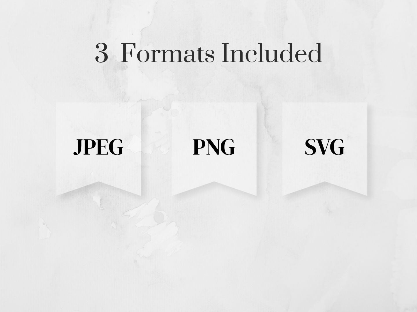 A promotional graphic with the text '3 Formats Included' above three white ribbon-like labels reading 'JPEG', 'PNG', and 'SVG' on a light marble-style background.