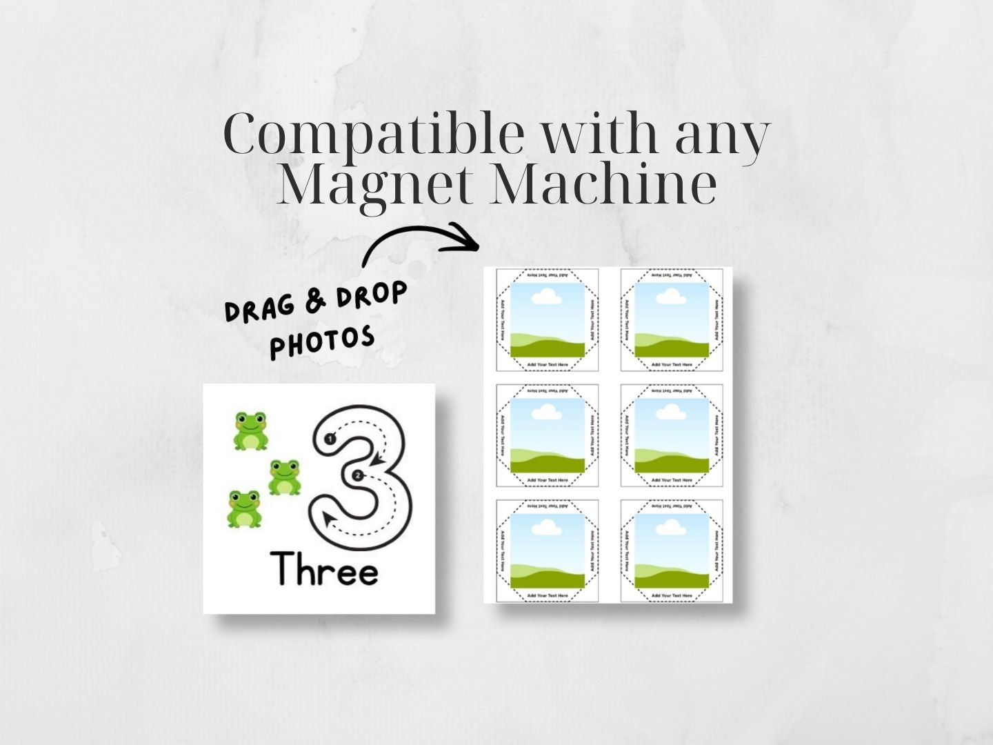 A digital preview graphic for a magnetic number and word learning tool, showing a white card with the number 3, the word 'Three,' two green frog illustrations, and six landscape-themed magnetic label slots. Text at the top reads 'Compatible with any Magnet Machine' with an arrow pointing to the product.