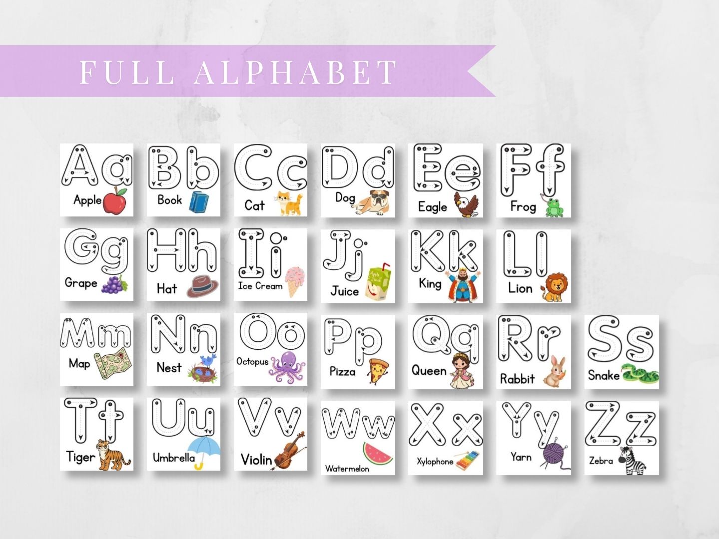 A full alphabet educational poster or printable grid showing uppercase and lowercase letters A through Z with cute illustrated words and small color-coded pictures on white cards, arranged on a light marble background with a lavender banner reading FULL ALPHABET.