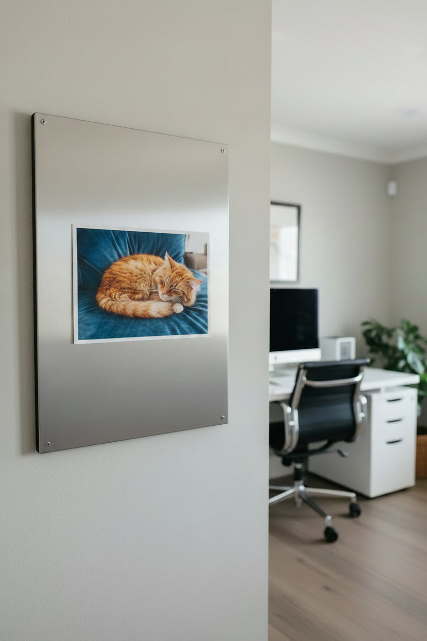 Modern office with a desk, chair, and the medium size photo magnet of a sleeping cat  on a metal board.