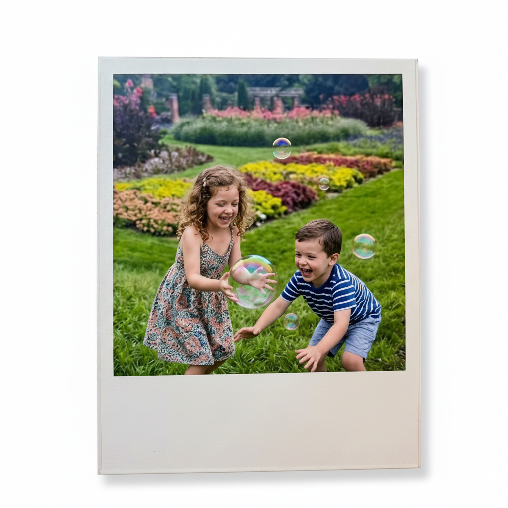polaroid style photo magnet of two children playing with bubbles in a garden.
