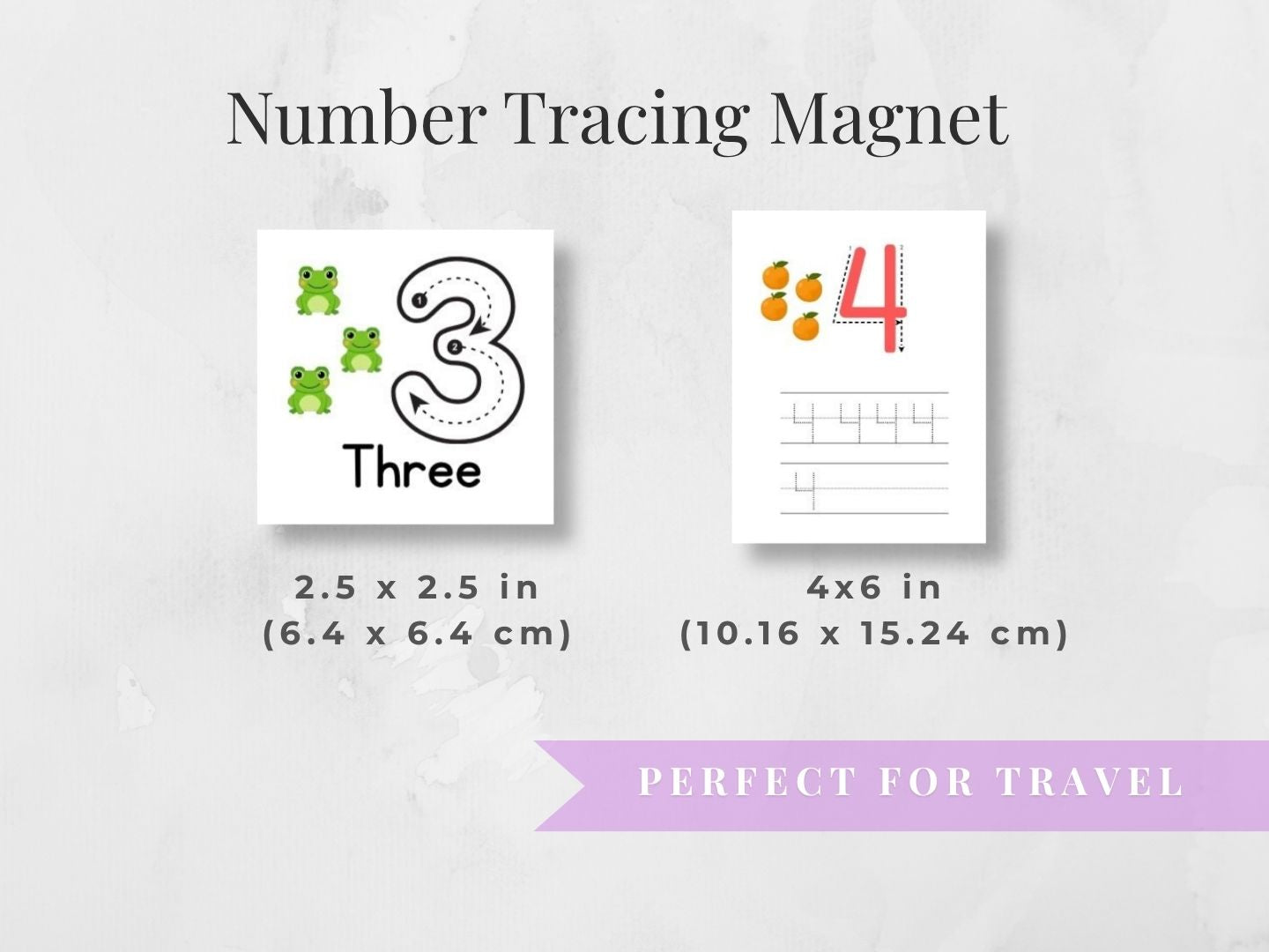 Number Tracing Magnet set showing two white square magnets on a light gray background. The left magnet displays the number 3 with green frog illustrations and the word 'Three' beneath it, labeled 2.